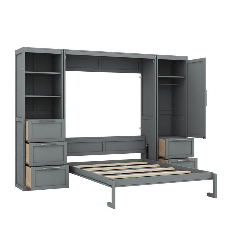 Queen-Sized Murphy Wall Bed With Integrated Closet Space, Gray