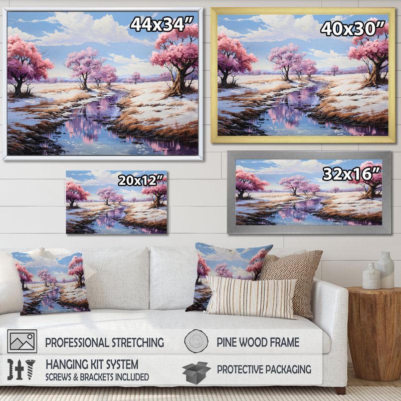 «Pink Coral Riverside Serenity - Lacs et rivières», reproduction d'art sur toile, Cadre flottant doré