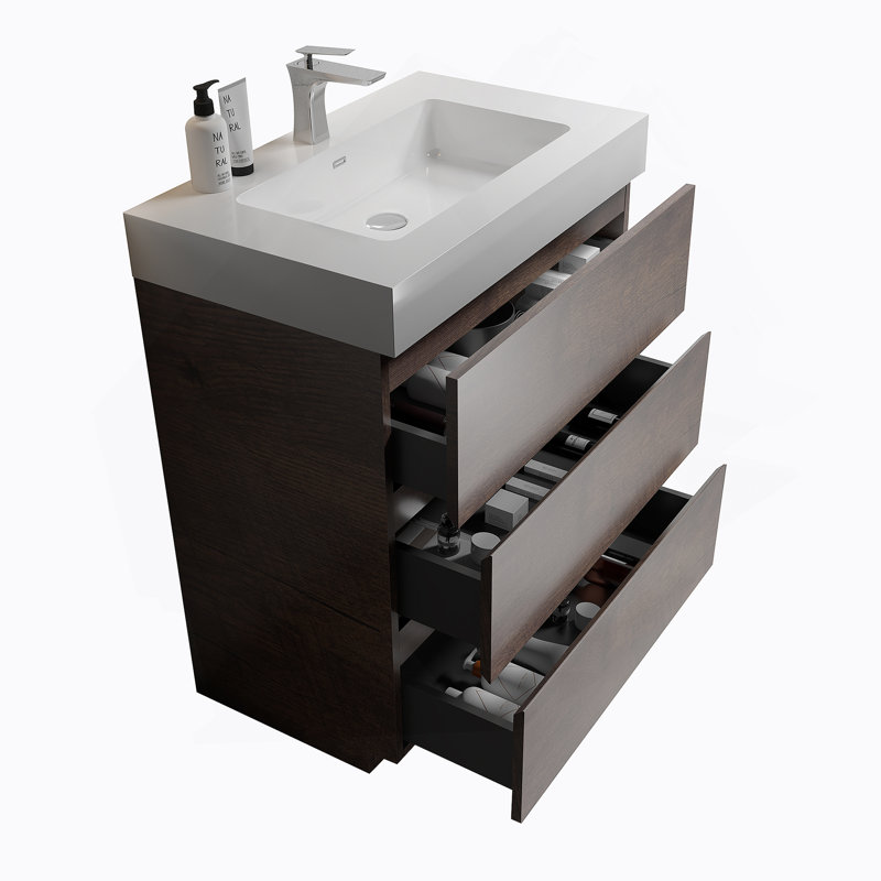Meuble-lavabo autoportant avec grand lavabo et rangement, Brun, 30", Blanc