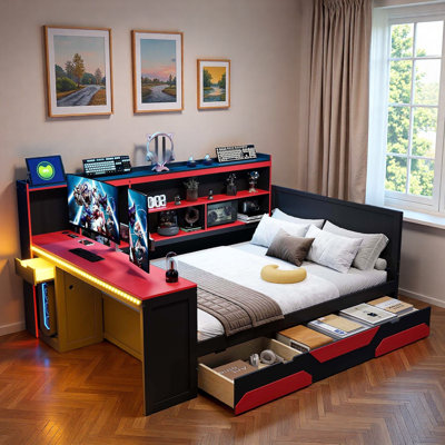 Lit de jour Modern Gaming avec bureau intégré, bandes lumineuses, station de charge intégrée, 3 tiroirs de rangement et tablettes de rangement