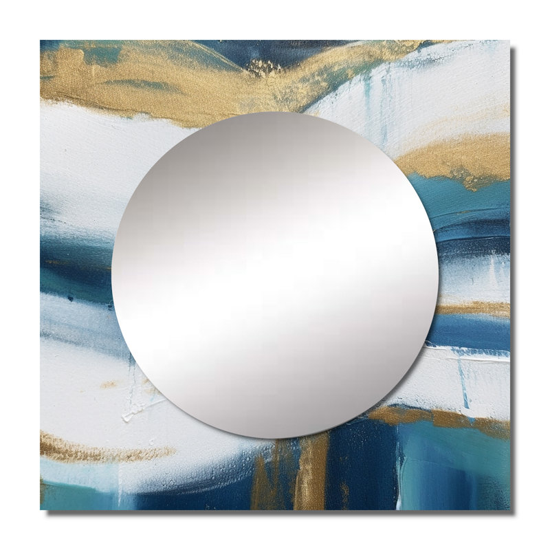 Essential Blue Abstract Minimal Wave Painting II - Abstract Square Mirror For Wall Art Decor, 23" x 23"