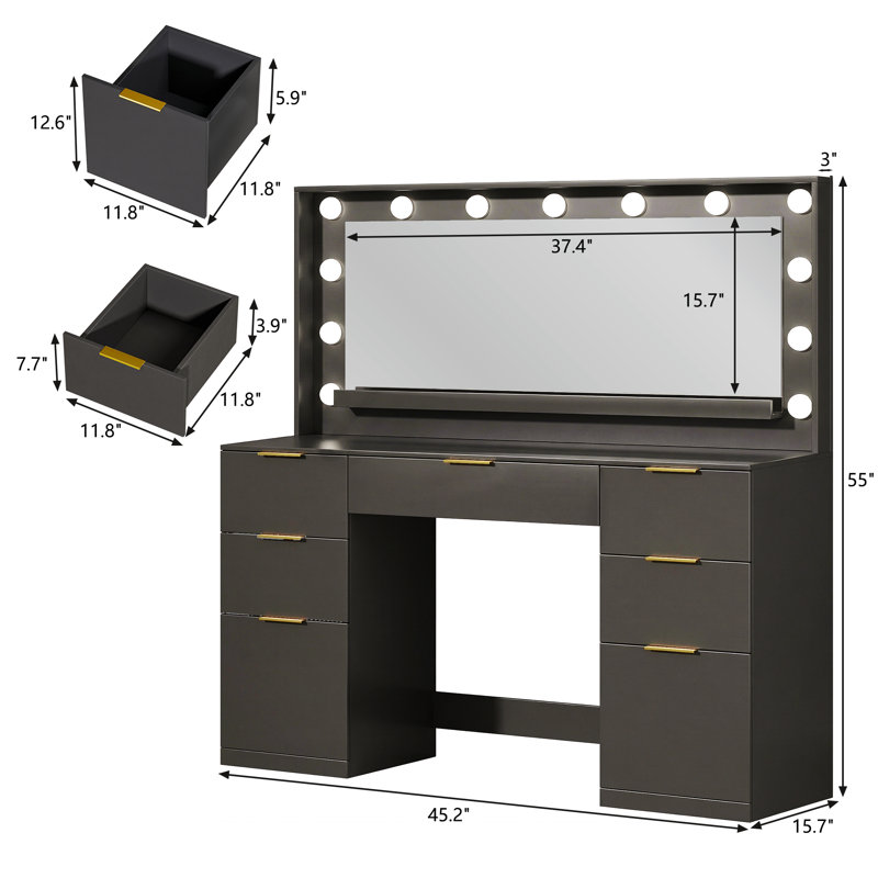 7-Drawer Makeup  Vanity with LED Mirror, Noir