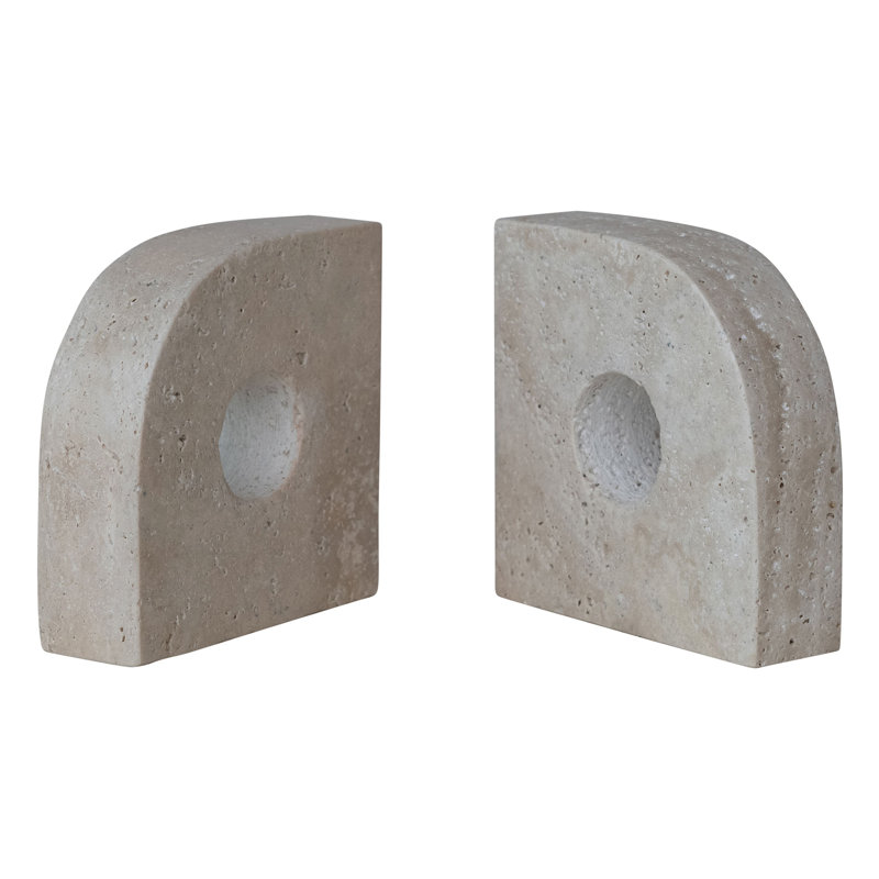 2-Piece Travertine Bookends with Circle Cut-Outs