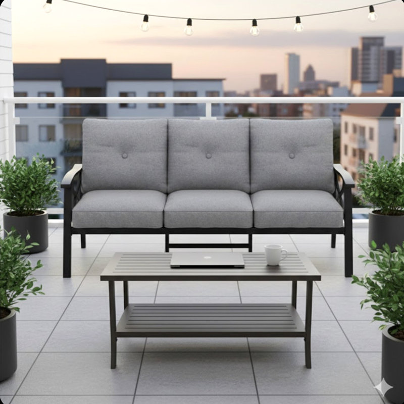 Ensemble de patio d'extérieur 2 pièces, canapé de patio 70 po en métal toutes saisons à 3 places et table basse rectangulaire, structure noire avec coussins gris