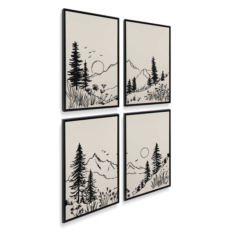 Ensemble de 4 impressions Whispering Peaks, Cadre flottant noir satiné, 36 po x 24 po