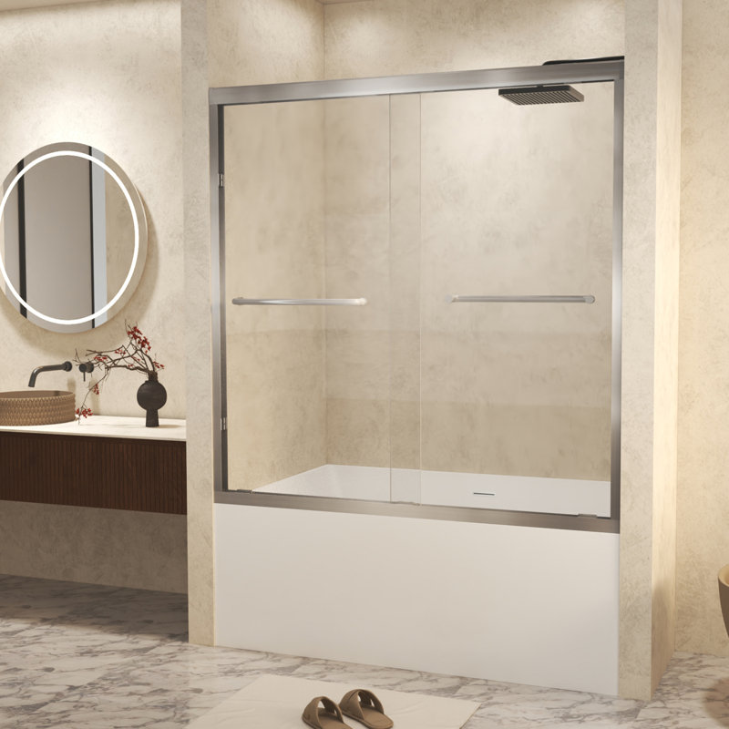 56-60" W × 60" H Tempered Glass Double Sliding Shower Door with Aluminum Frame, Brushed Nickel