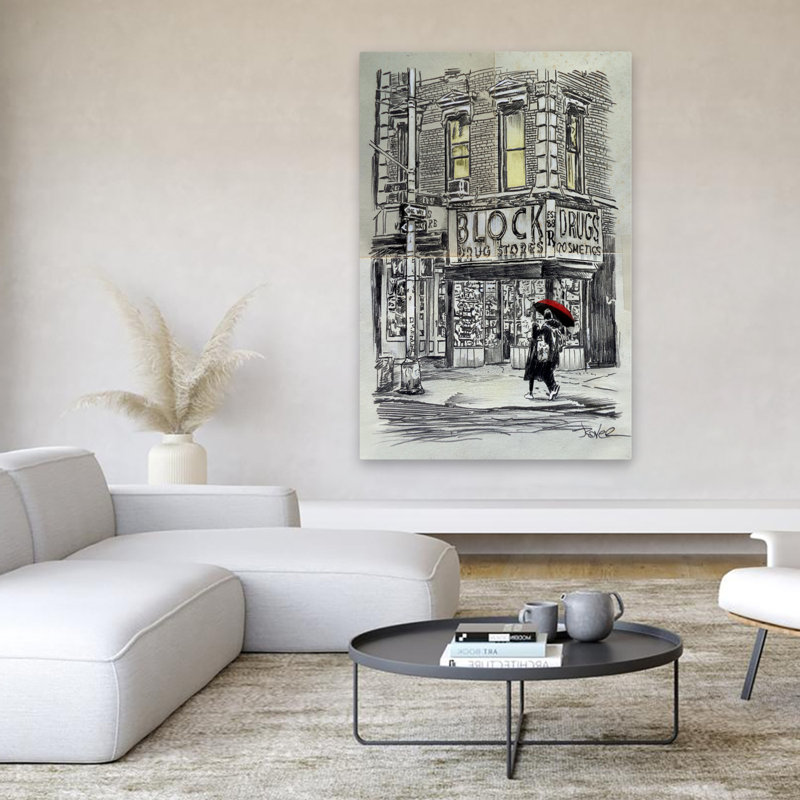 Illustration de paysage urbain rétro d'une pharmacie, H 60 po x l 40 po