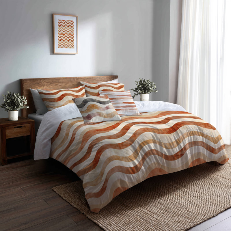 Ensemble d'édredon abstrait 6 pièces - Ensemble d'édredon boho orange et brun Earthy Ripple