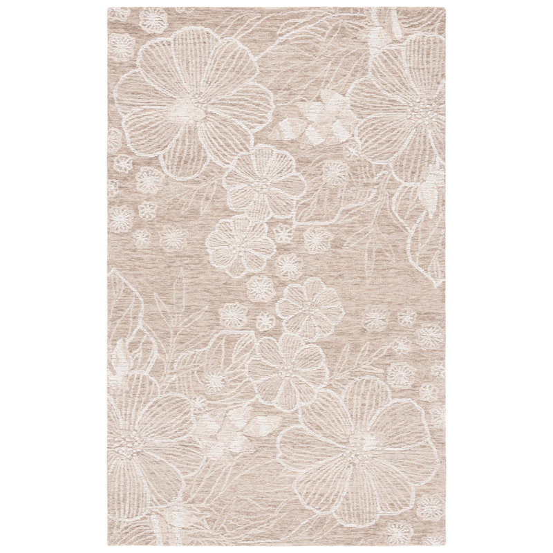 Lyanne Hand Tufted Wool/Cotton Floral Rug in Ivory/Beige, Rectangle 5' x 8'