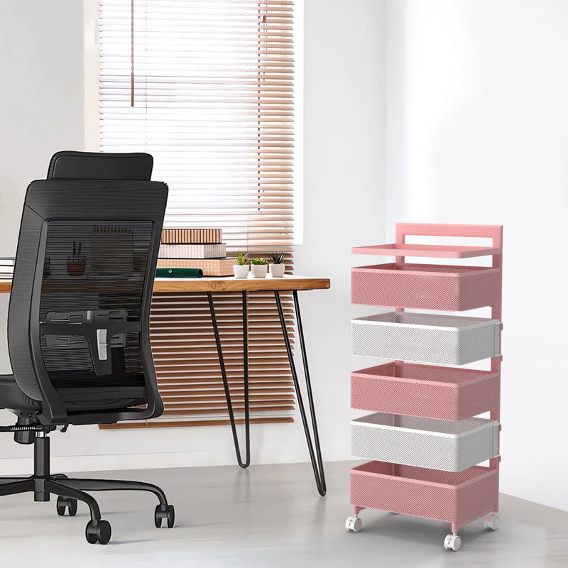 Pink and White 5-Tier Rotating Metal Utility Cart with Wheels