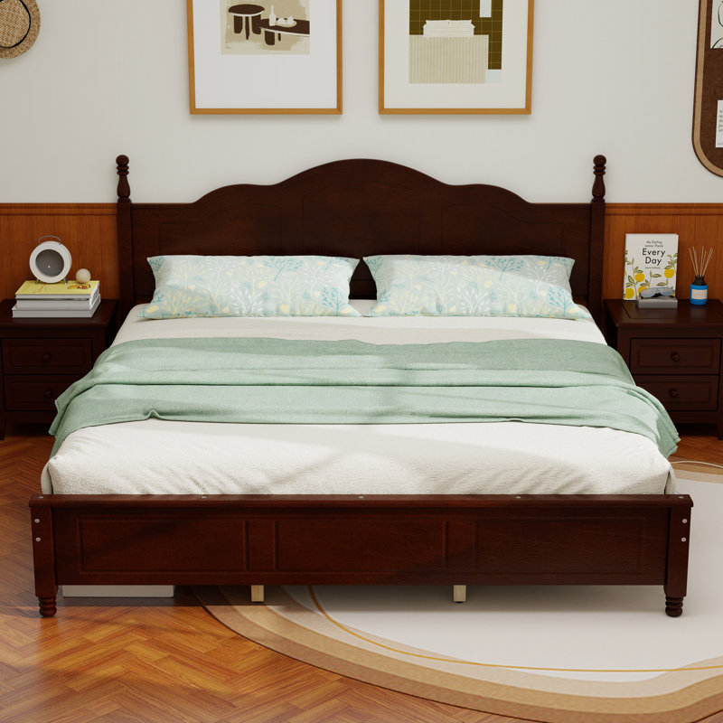 Cadre de lit plateforme en bois, lit plateforme de style rétro avec support en lattes de bois,, King, Dark Walnut