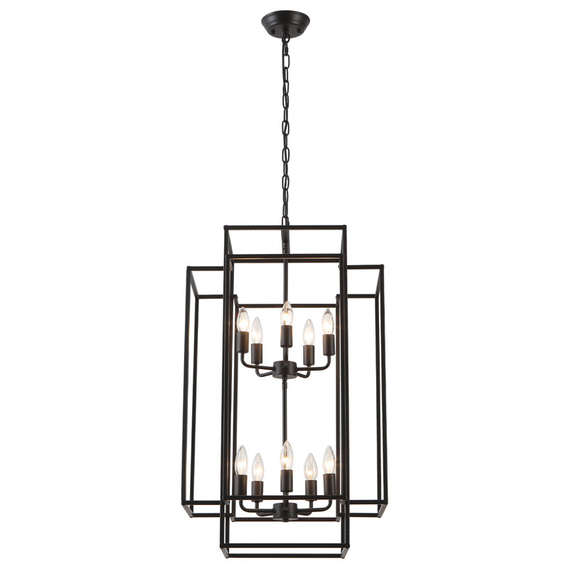 2-Tiers Large 10- Light Dimmable Farmhouse Lantern Square/Rectangle Chandelier, Matte Black, 30.71" H x 19" W x 19" D
