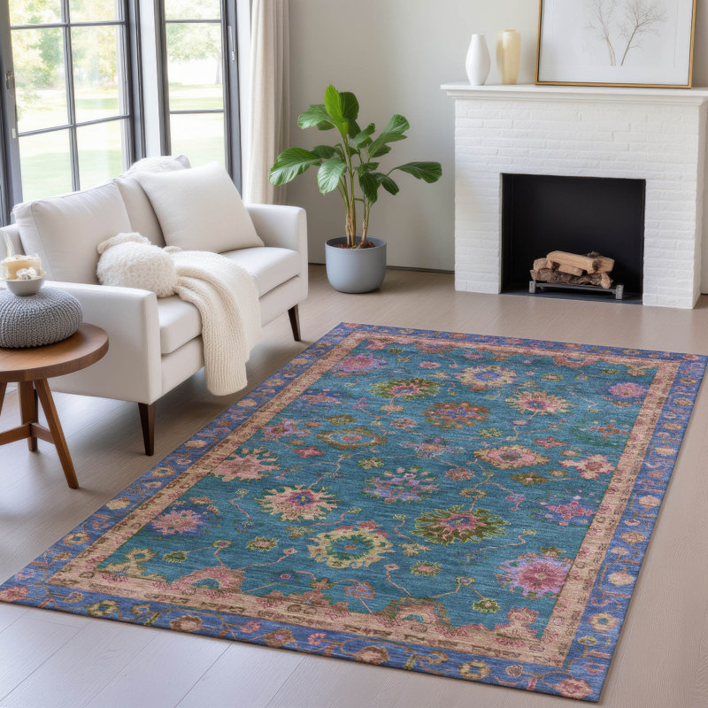 Machine Washable Indoor/Outdoor Xhevrie Teal Rug, Rectangle 10 pi x 14 pi