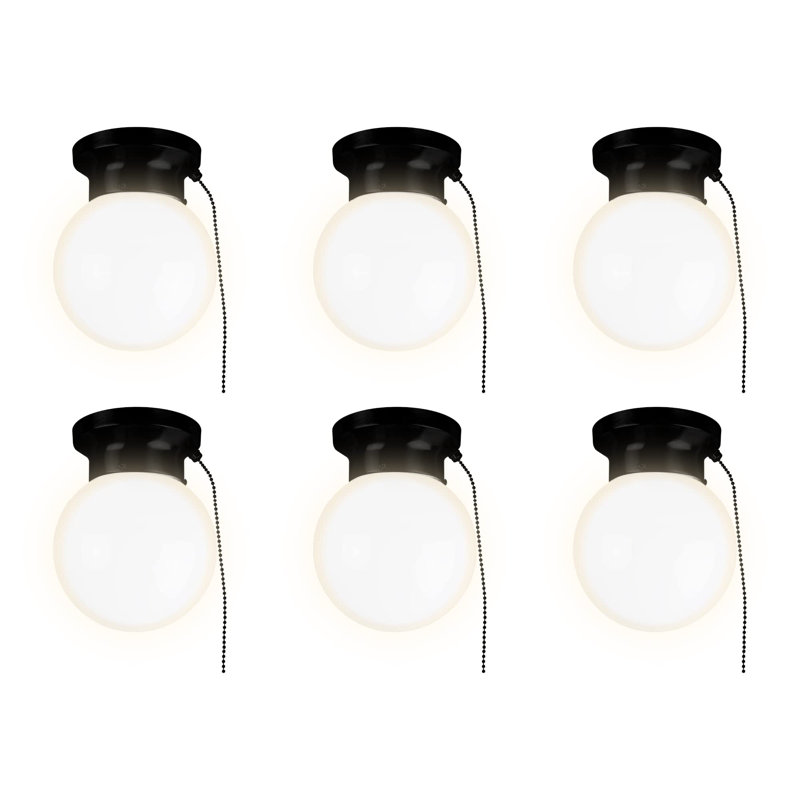 6" Utility LED Glass Flush Mount With Pull Chain - Globe Light Fixture - 500 Lumens 3000K Light Fixture, Matte Black