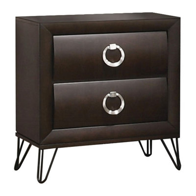 Dark Finish Nightstand With Two Drawers And Metal Legs For Modern Bedroom Designing - 24 Inches Wide, 16 Deep, 27 High Contemporary Stainless Steel Ri