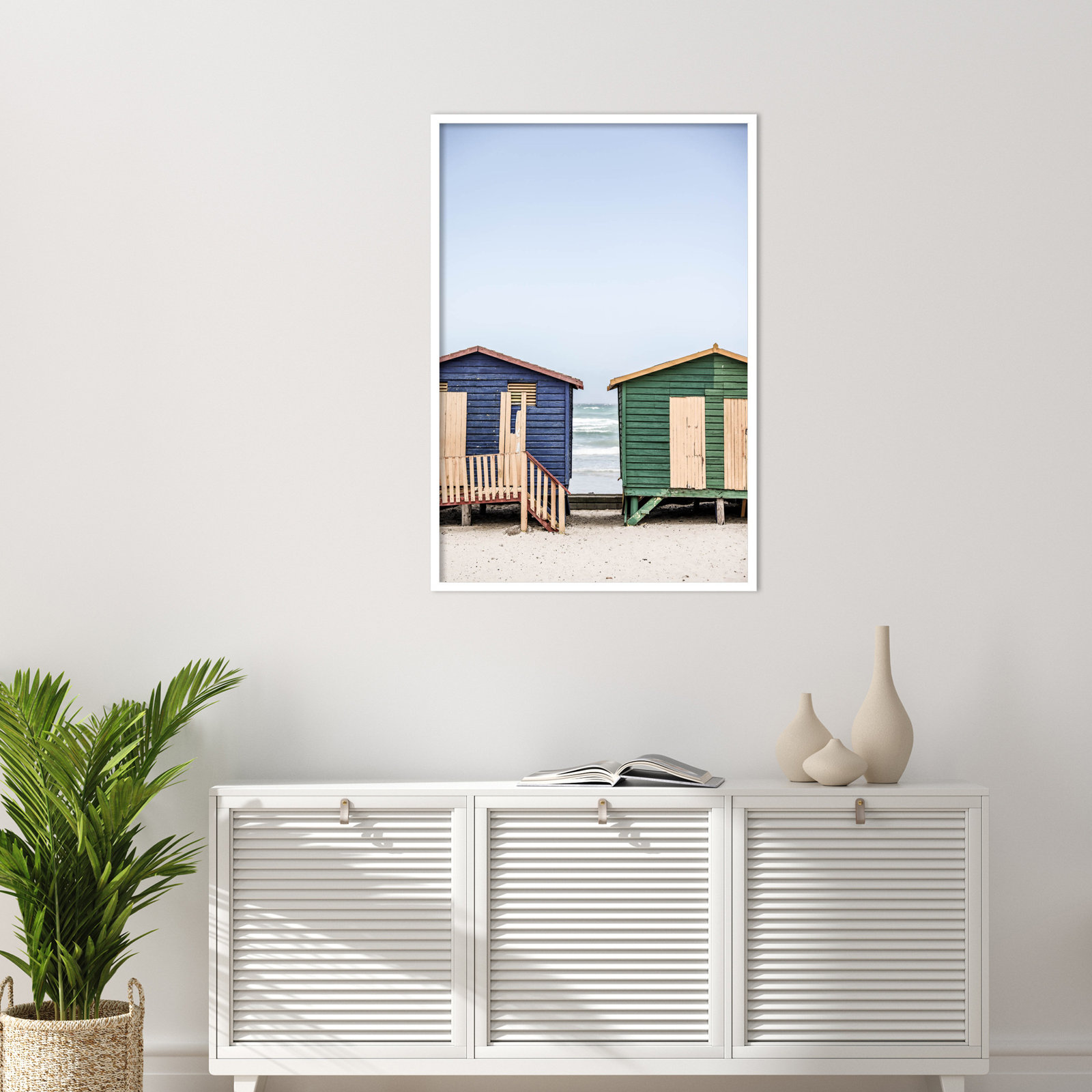 Blue and Green Huts by Shot by Clint Wood Framed Wall Art Print, White, 41" H x 28" W