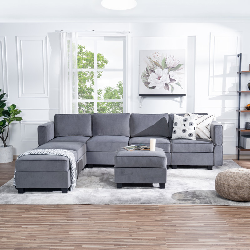 Canapé modulaire gris avec rangement 7 places, Velours blanc