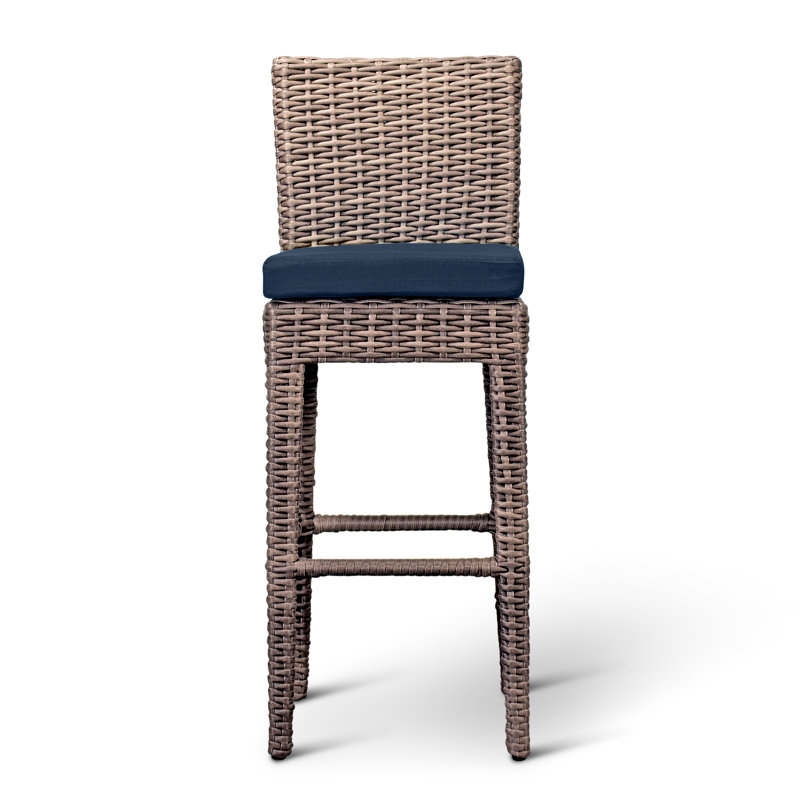 Arden Outdoor Bar Stool, Spectrum Indigo Sunbrella®, Chestnut, 28.75"