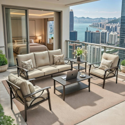 5-Piece Metal Patio Furniture Set, 5-Seat All-Weather Conversation Sofa With 4 Inches Thick Beige Cushions, Khaki Frame, Coffee Table & End Table For