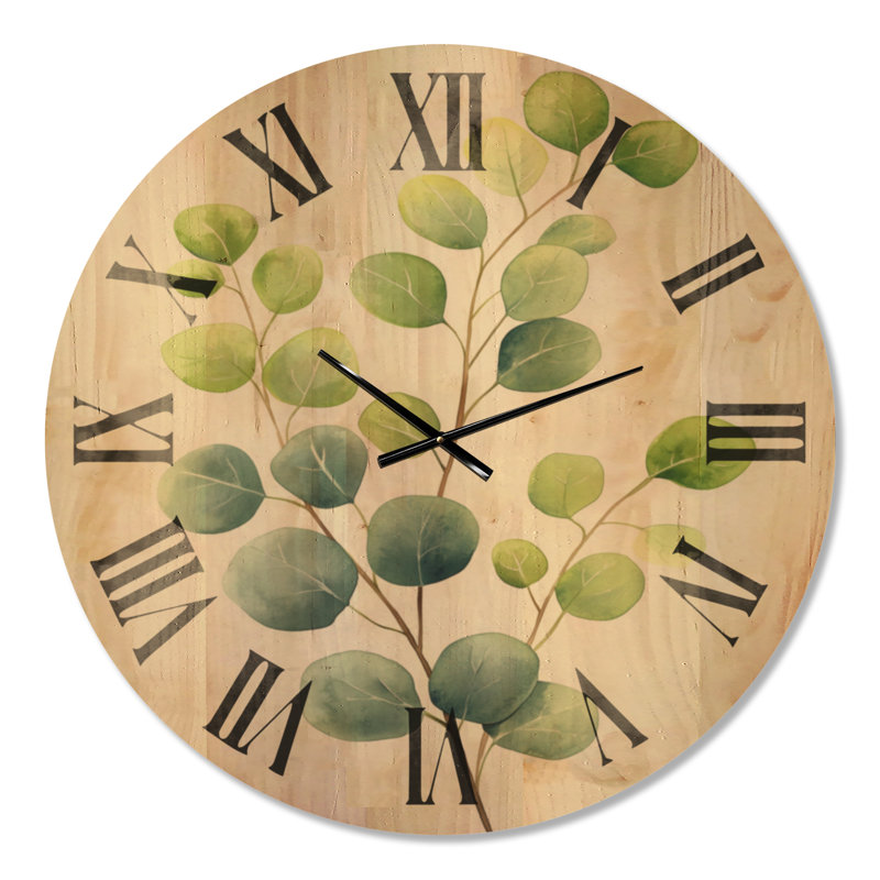 Horloge murale surdimensionnée en bois vert - Branches d'eucalyptus aquarelle, Oversized