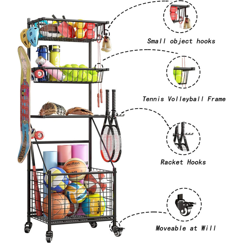 Black Powder-Coated Steel Multi-Use Sports Equipment Organizer with Mesh Tiers