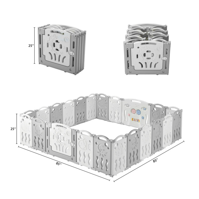 Centre d'activités pour enfants avec parc de jeu et barrière de sécurité Brile Albott, H 25 po x l 85 po x P 85 po, Gris