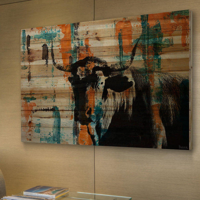 «Orange Teal Steer» par Parvez Taj, reproduction d'art sur bois, H 24 po x l 36 po x P 1,5 po