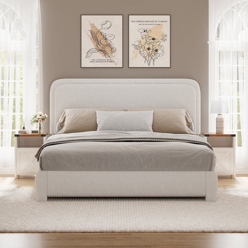Ensemble de lit plateforme tapissier 3 pièces Bensu Boucle, Double, Blanc