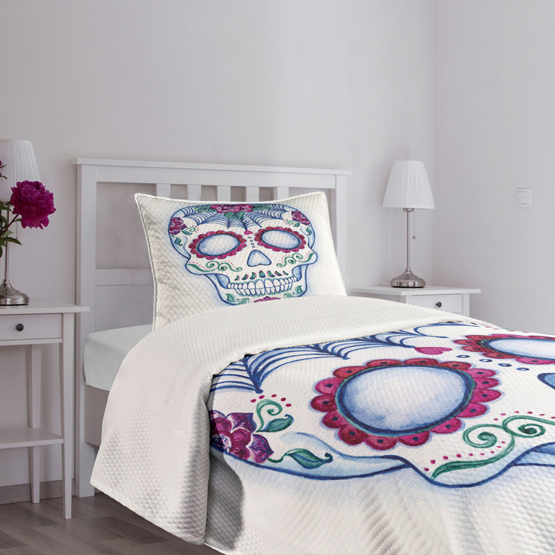 White Quilted Twin Bedspread Set with Colorful Skull Design