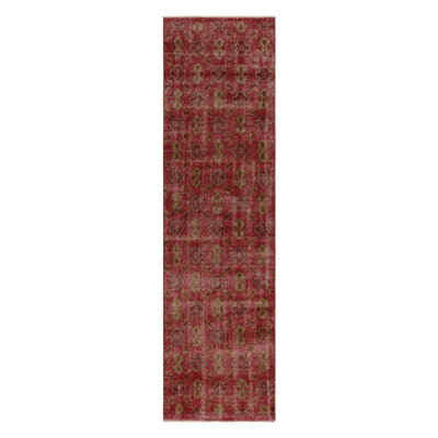 Vintage Distressed Runner Rug, Red And Gold Floral Pattern - Rug & Kilim