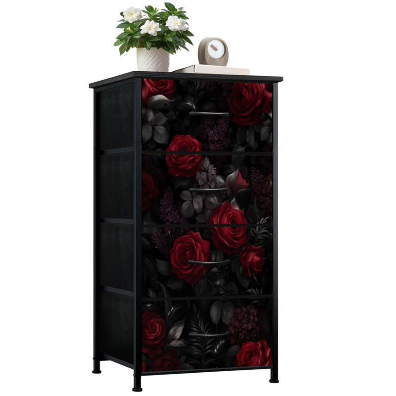 Commode pour chambre à coucher avec 4 tiroirs de rangement Roses bourgogne foncé Commodes noires florales foncées Commode en tissu avec cadre en acier pour chambre d'enfant