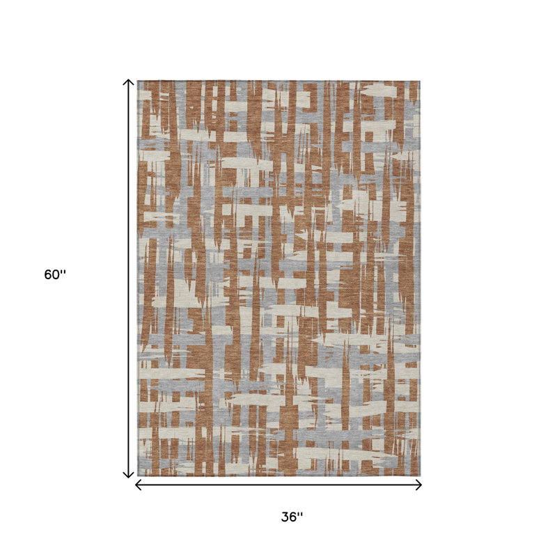 3' X 5' Rust Gray And Ivory Striped Washable Indoor Outdoor Area Rug