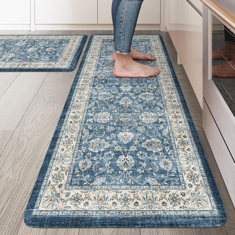 Boho Vintage Kitchen Rugs Sets of 2 Comfort Standing Mat, Blue, 119cm L x 50.8cm W