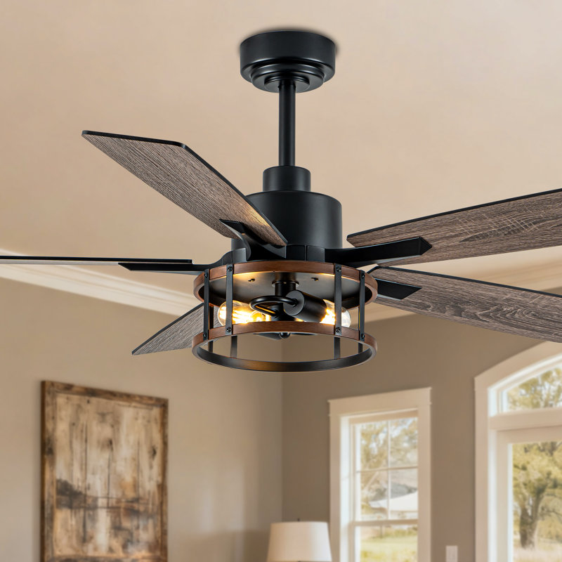 52" 5- Blade Rustic Large Ceiling Fan with Light Kit and Remote Black Farmhouse 6-speed Reversible DC Motor Fandelier
