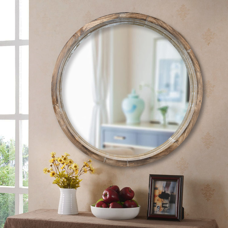 Eberlein Wood Round Wall Mirror, Light Brown