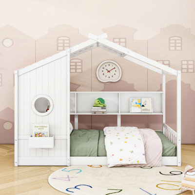Wooden Floor Bed With Roof Design And Storage Shelves