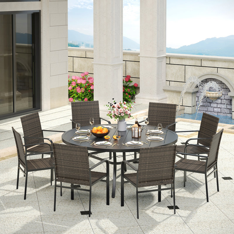 8-Person Patio Dining Set with 60" Round Metal Dining Table and 8 Rattan Armrest Dining Chairs, Black/Brown