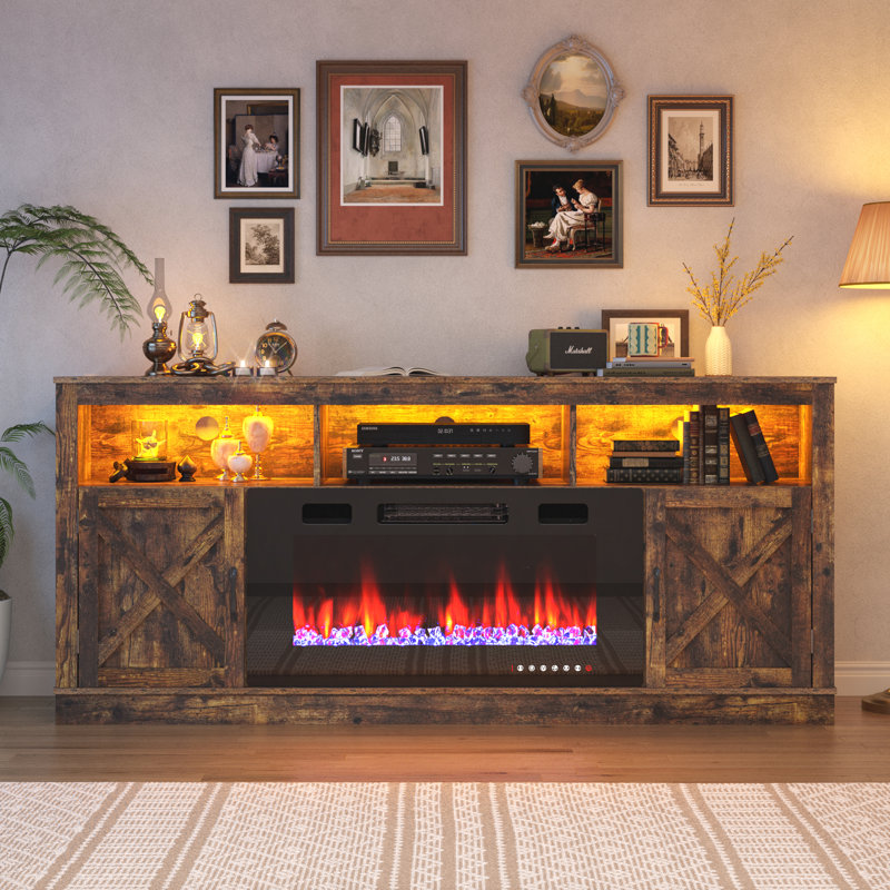 Crédence de rangement avec foyer Zev, H 31,5 po x l 70,8 po x P 13,8 po, Brun rétro