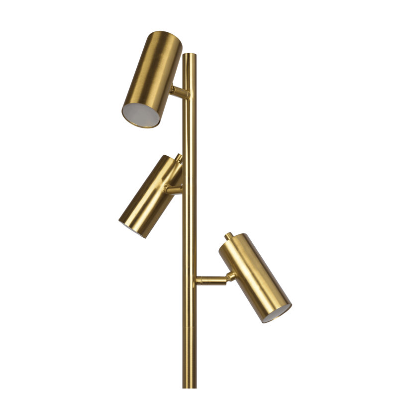 Lumina Brassed Gold Floor Lamp with Rotary Switch - Modern Triple Spotlights Standing Lamp with Metal Cone Base for Living Room & Bedroom