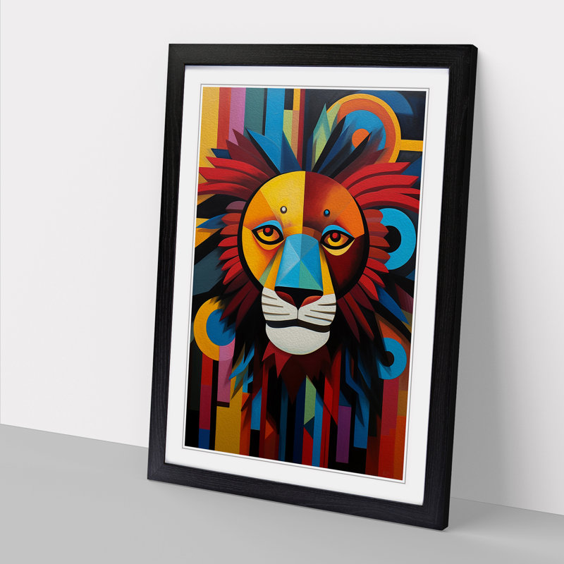 Lion Constructivism - Single Picture Frame Print on Wood, 34cm H x 25cm W x 2cm D, Black