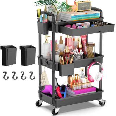 3 Tier Rolling Utility Cart Organizer with Removable Drawer, Stable and Sturdy Black Rolling Storage Carts