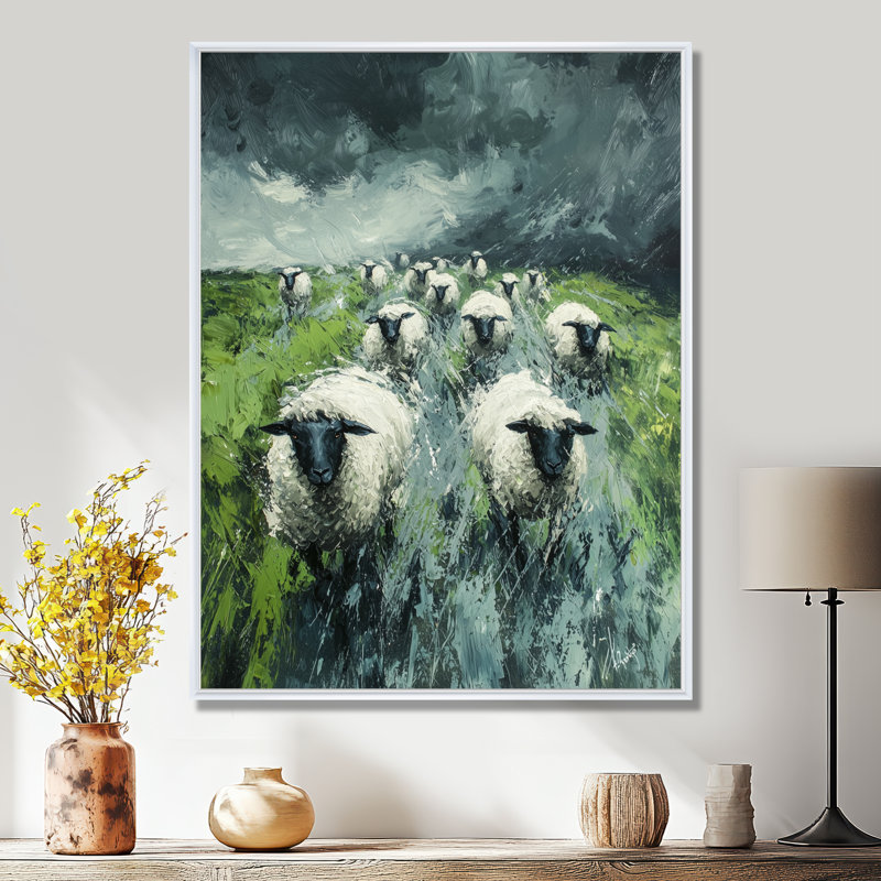 «Dreanna Stormy Pasture Of Sheep II», reproduction d'art sur toile, Impression encadrée flottante, H 20 po x l 12 po, Blanc