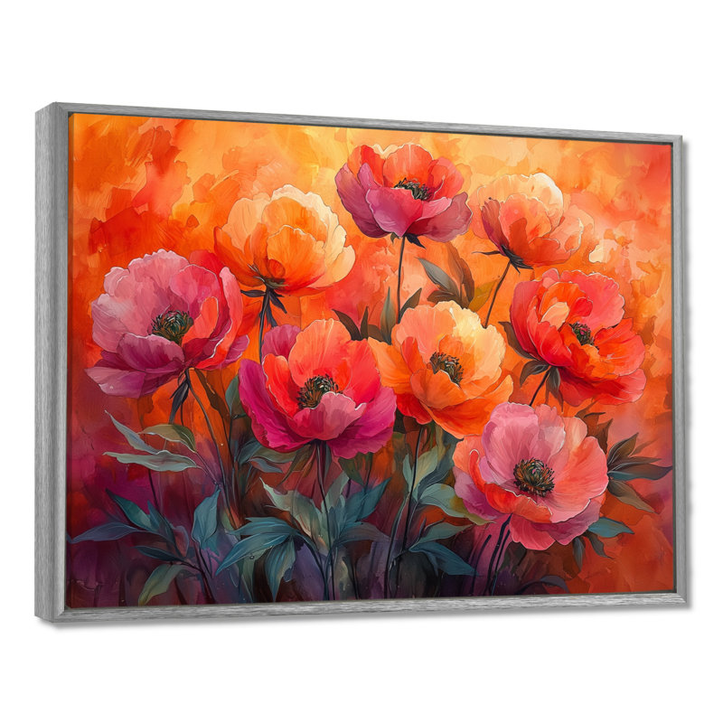 Radiance au coucher du soleil, pivoines, fleurs II - pivoines, art mural, H 24 po x l 32 po, Encadrement argenté