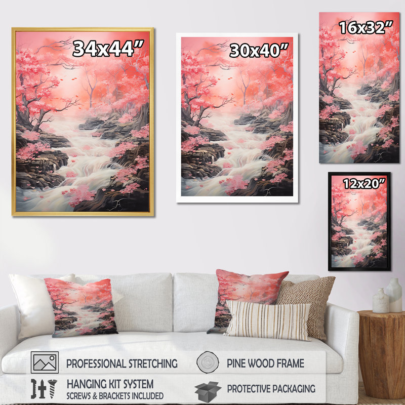«Japon River Rippling Reality» sur impression sur toile, Encadrement doré, H 44 po x l 34 po x P 1,5 po