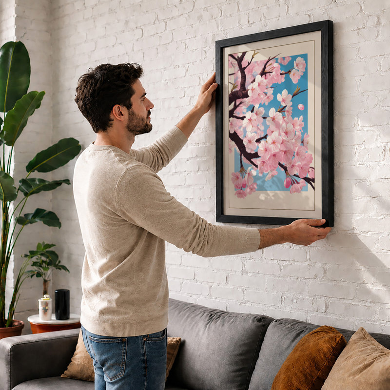 Cherry Blossom Branch Botanical - Framed Print, A4 - 29.7 x 21.0 cm, White