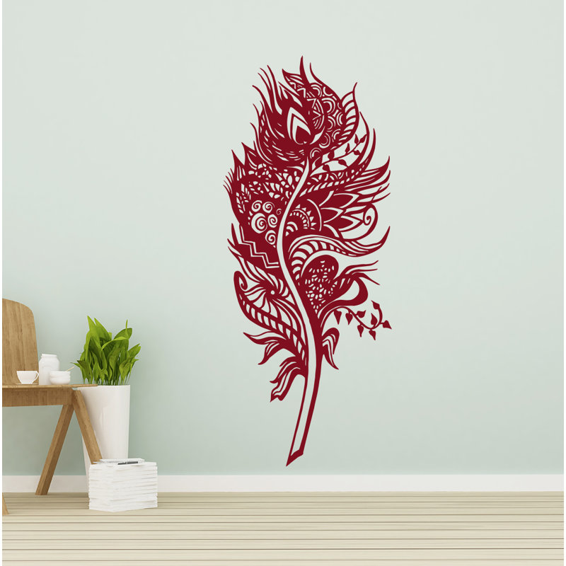 Décalcomanie murale plume, décoration murale bohémienne, H 14 po x l 35 po, Bourgogne