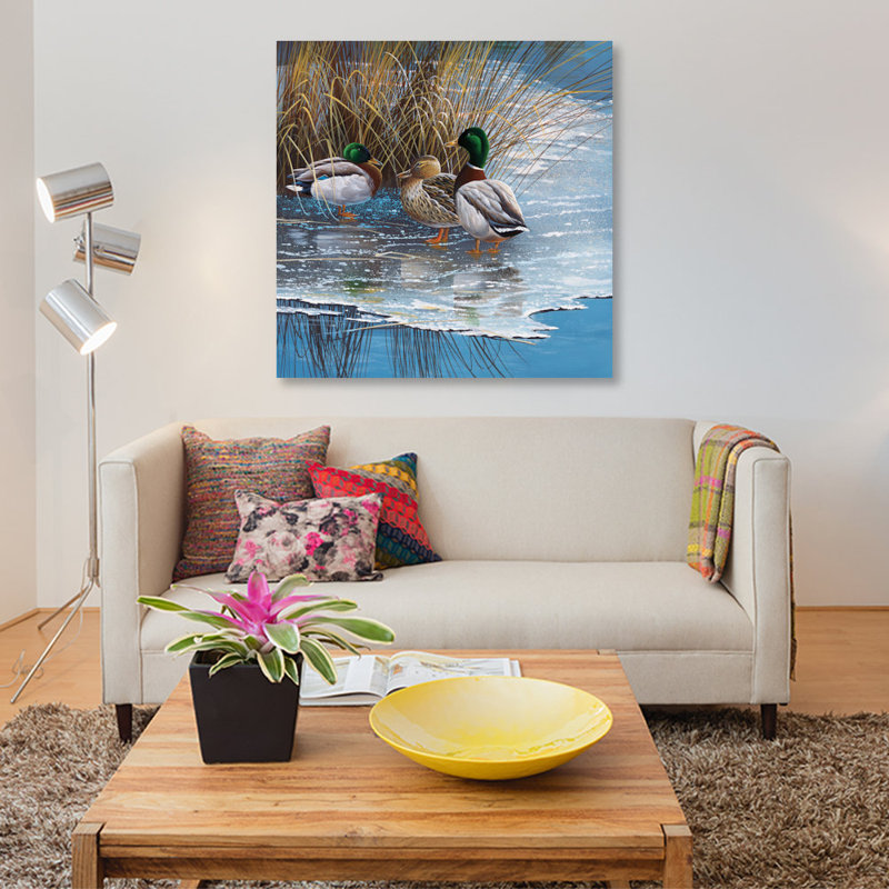 «Three Ducks on Ice», impression sur toile, H 48 po x l 48 po x P 1,5 po, Pas de tapis, Toile tendue