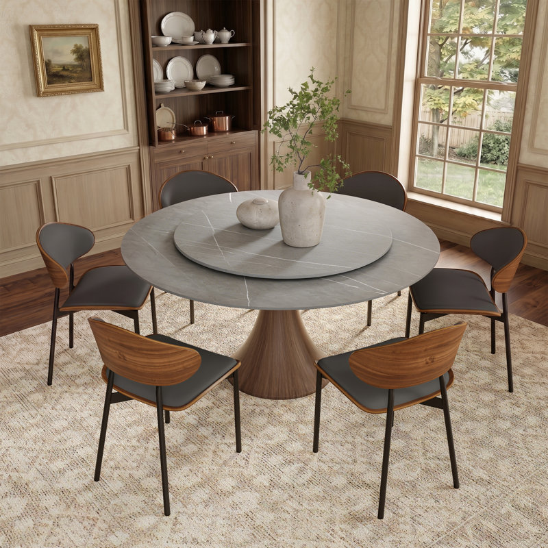 Round Pedestal Swanigan 4/6/8 Seats Dark Walnut & Gray Set With Matte Sintered Stone Lazy Susan, 30"H x 59"L x 59"W, 7