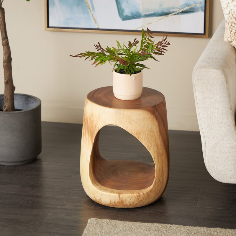 Teak Wood Handmade Brown Side End Accent Table With Abstract Triangle Cutout