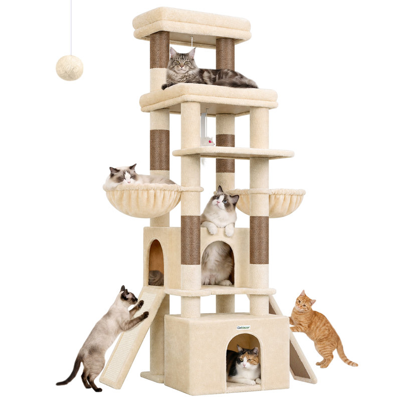Arbre à chat de 188 cm de haut pour grands chats, tour à plusieurs niveaux avec griffoirs, 2 niches, hamacs doubles et perchoirs, mobilier robuste pour 2 à 3 chats, beige